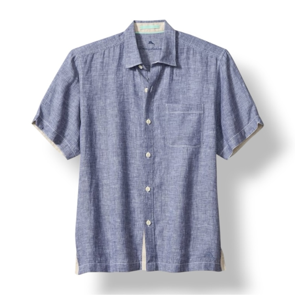 4/$20 Tommy Bahama Paradise Breezer Linen Short-Sleeve Shirt in Island Navy - Picture 2 of 6